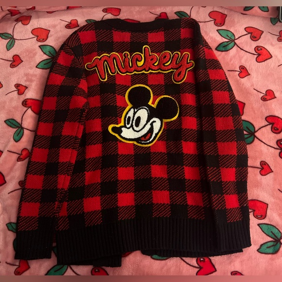 Disney x Forever 21 Mickey Mouse Red and Black Plaid Cardigan with Patch - Picture 2 of 5